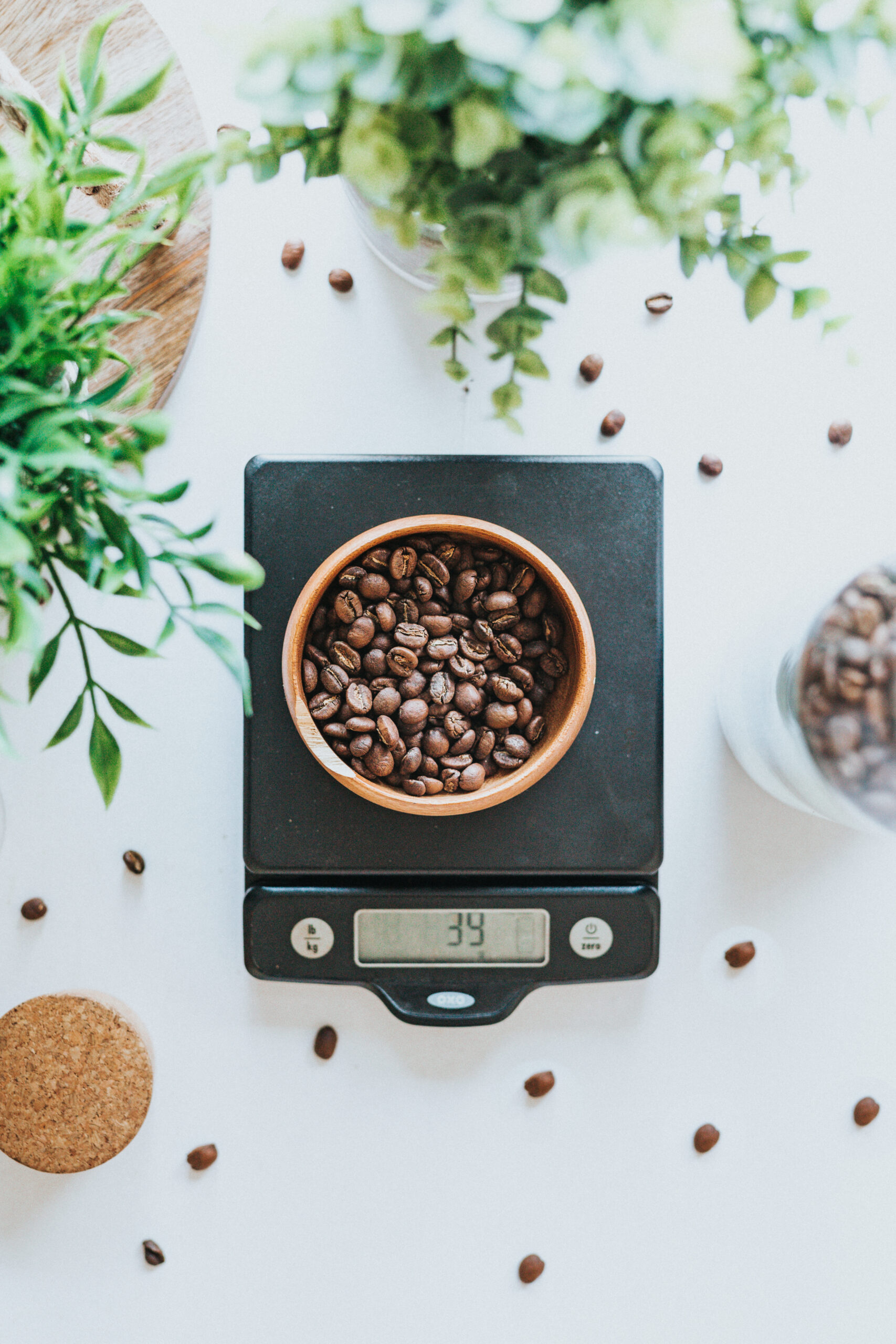 A vertical shot of a small bowl filled with roasted coffee beans, placed on a black digital scale displaying 34 grams, surrounded by green plants and scattered coffee beans